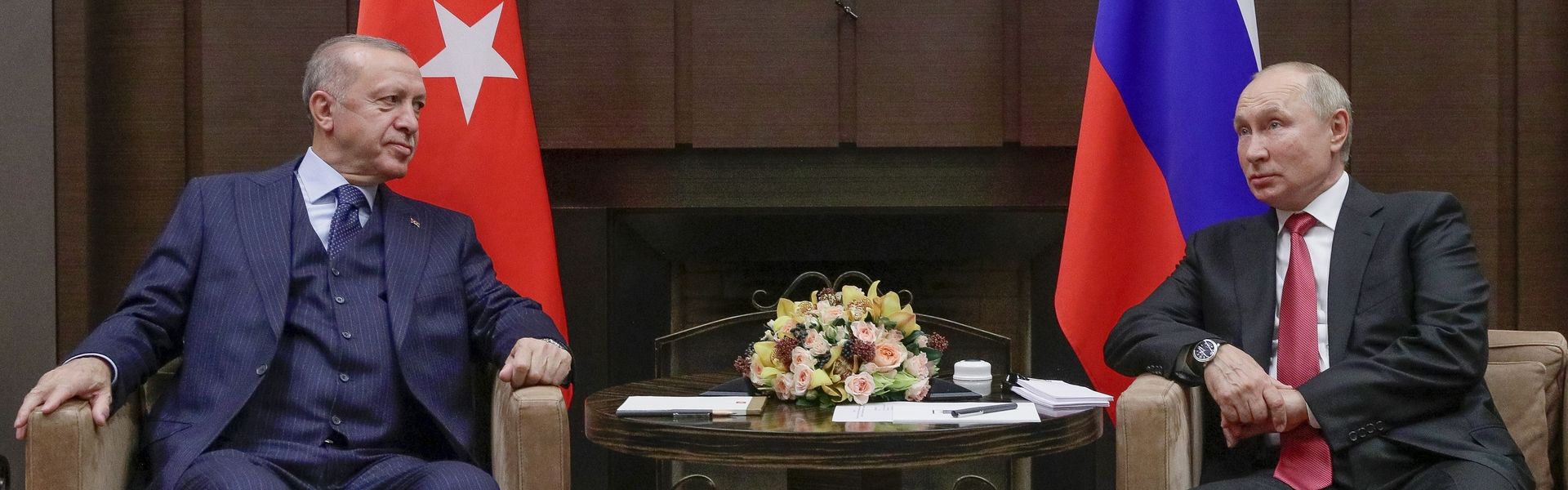 Russian President Vladimir Putin, right, and Turkish President Recep Tayyip Erdogan talk to each other during their meeting in the Bocharov Ruchei residence in the Black Sea resort of Sochi, Russia, on Sept. 29, 2021. Russian President Vladimir Putin, right, and Turkish President Recep Tayyip Erdogan talk to each other during their meeting in the Bocharov Ruchei residence in the Black Sea resort of Sochi, Russia, on Sept. 29, 2021.