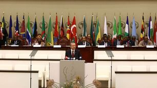 Turkish President Recep Tayyip Erdogan speaks during the Second Turkey- Africa Partnership Summit at Sipopo Congress Center in Malabo, Equatorial Guinea