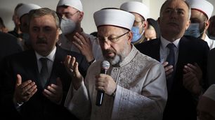 Head of Turkeys Religious Affairs Directorate, Ali Erbas attends the funeral of Ahmet Mete, the elected mufti (Muslim official) of Xanthi 