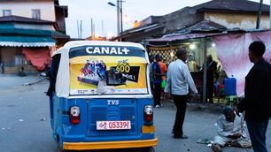 Ethiopian tuk tuk taxi with canal plus advertising, Harari Region, Harar, Ethiopia. 